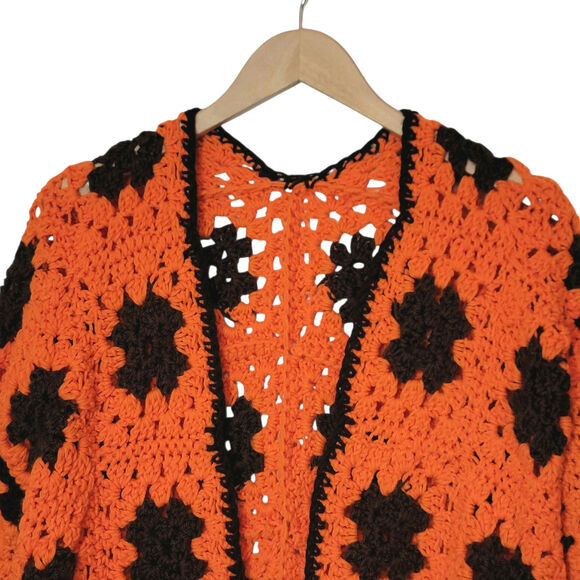 Crochet Flower Cardigan Retro Y2K Boho Sweater Orange Brown 70s Medium Large - Picture 2 of 12